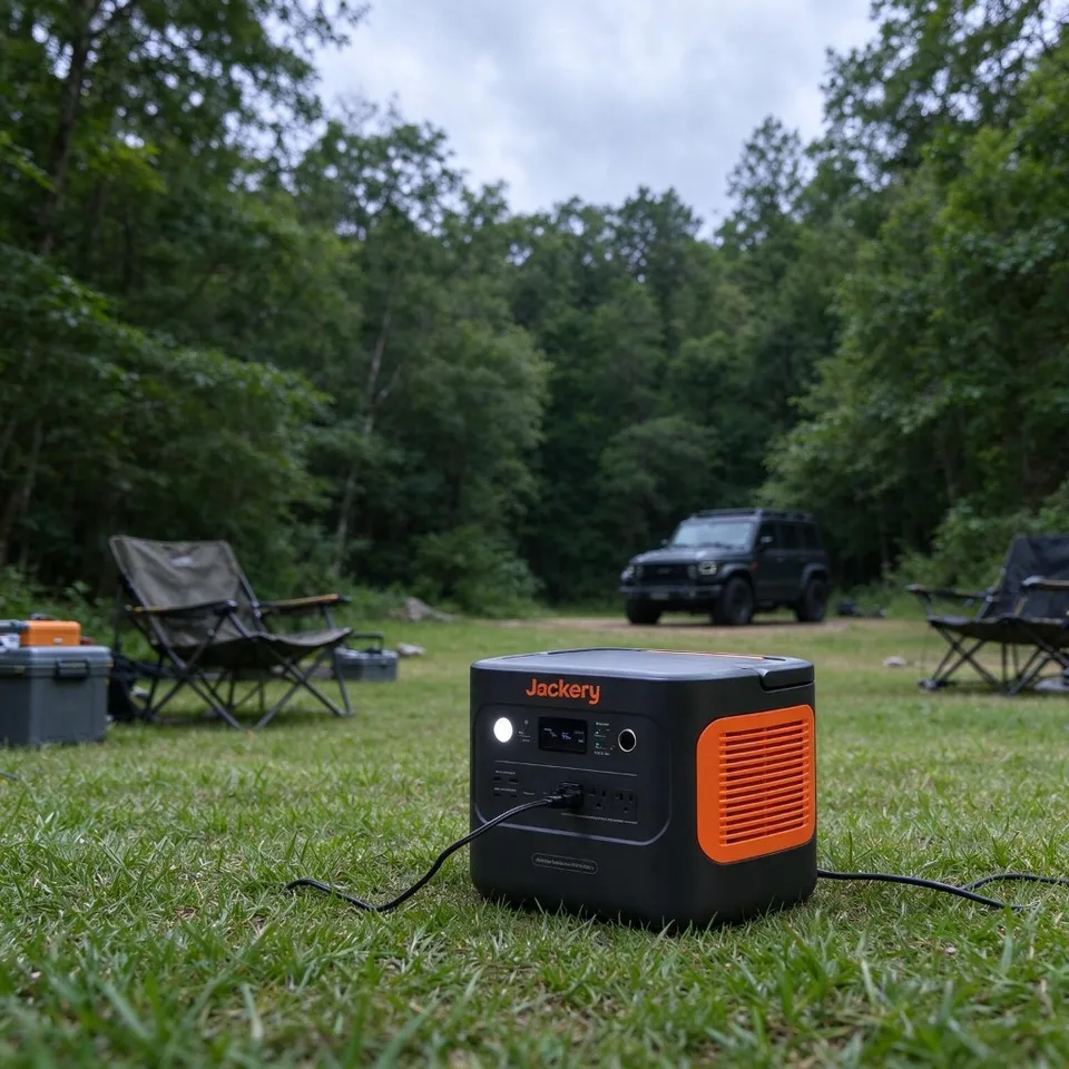 Portable power station on grass at a forest campsite with camping chairs and an SUV