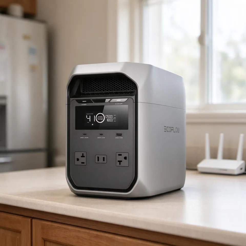 Portable power station on a kitchen counter beside a Wi-Fi router during a home outage setup