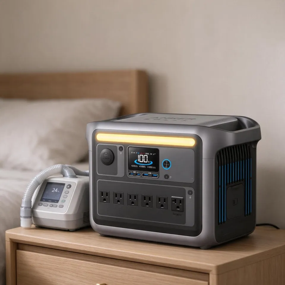 Portable power station on a bedside table powering a CPAP machine overnight