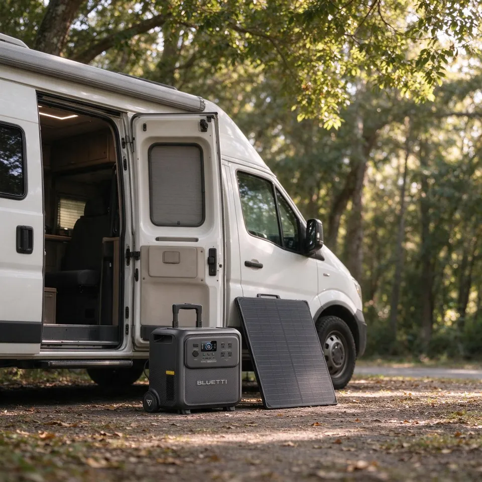 Wheeled portable power station and foldable solar panel parked beside a camper van in the woods